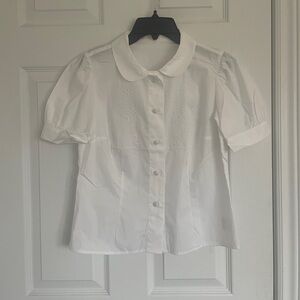 Vintage White Peter Pan Collar Short Sleeve Eyelet Blouse Size S/M (Unbranded)
